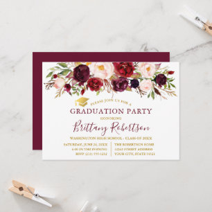 Invitación Fiesta de Graduación con Floral Burgundy Acuarela 