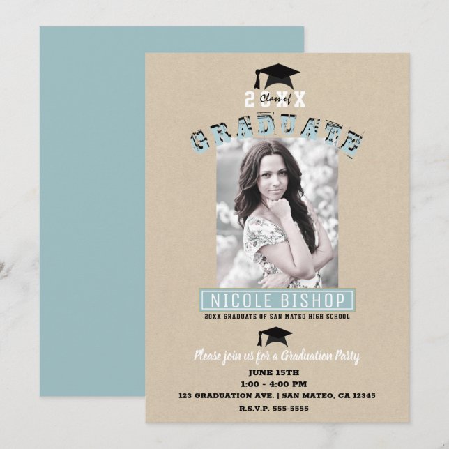 Invitación Fiesta de graduación con foto azul kraft minimalis (Anverso / Reverso)
