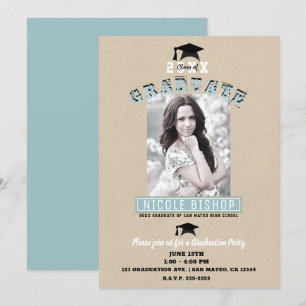 Invitación Fiesta de graduación con foto azul kraft minimalis