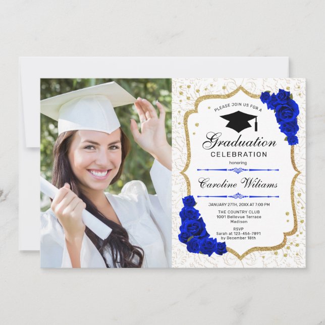 Invitación Fiesta de graduación con foto - Azul real de oro (Anverso)