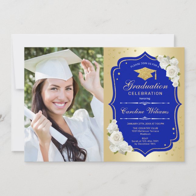 Invitación Fiesta de graduación con foto - Azul real de oro (Anverso)