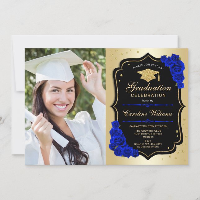 Invitación Fiesta de graduación con foto - Azul real de oro (Anverso)