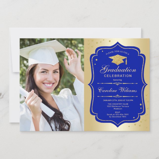 Invitación Fiesta de graduación con foto - Azul real de oro (Anverso)