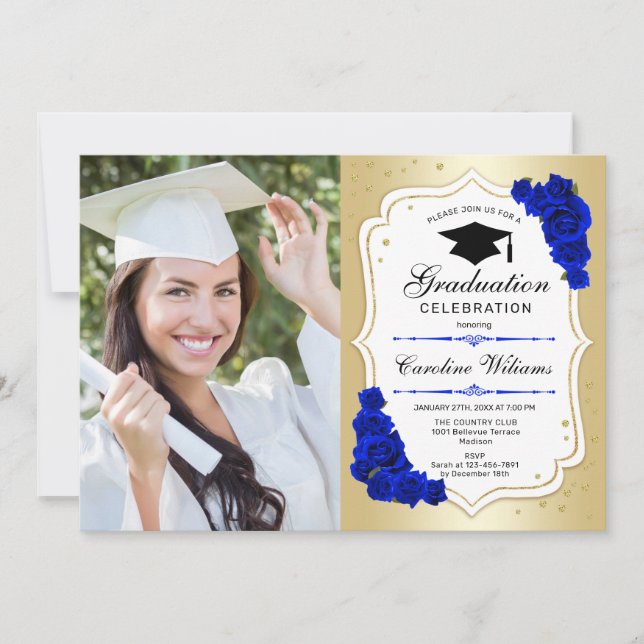 Invitación Fiesta de graduación con foto - Azul real de oro (Anverso)