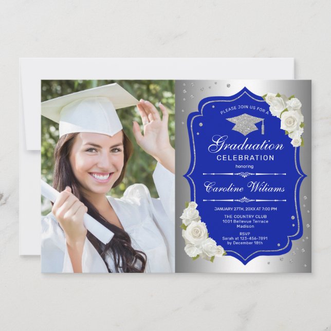 Invitación Fiesta de graduación con foto - Azul real plateado (Anverso)