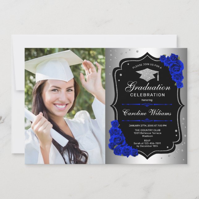 Invitación Fiesta de graduación con foto - Azul real plateado (Anverso)