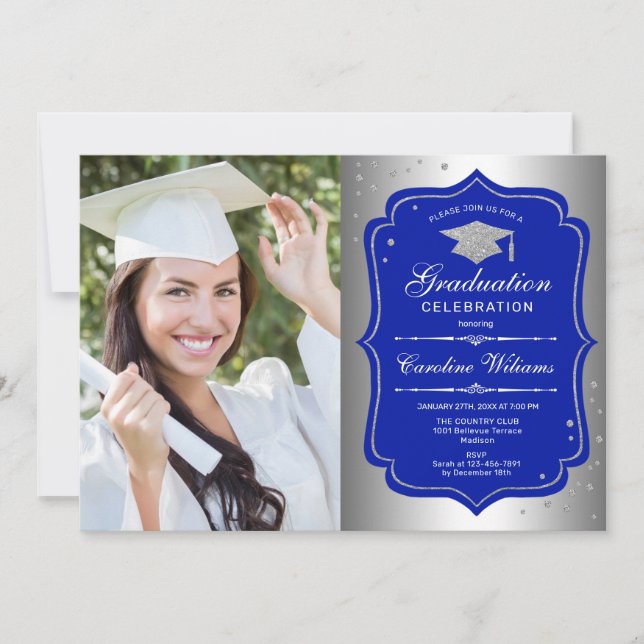 Invitación Fiesta de graduación con foto - Azul real plateado (Anverso)