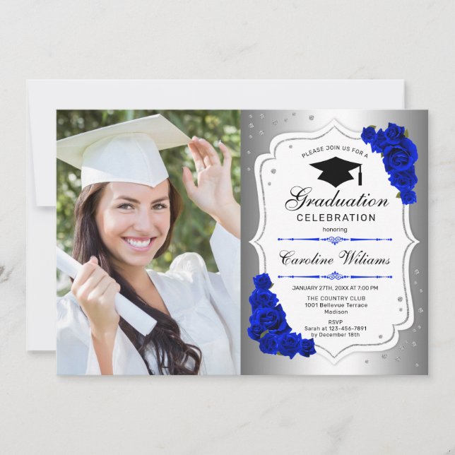 Invitación Fiesta de graduación con foto - Azul real plateado (Anverso)