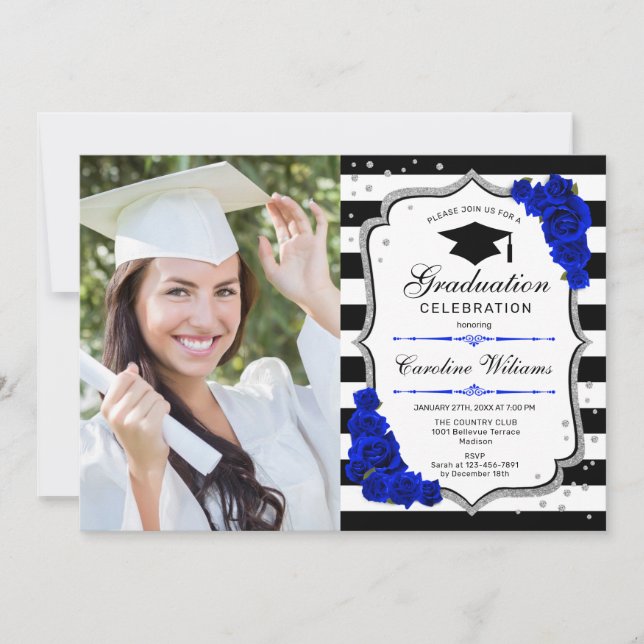 Invitación Fiesta de graduación con foto - Azul real plateado (Anverso)