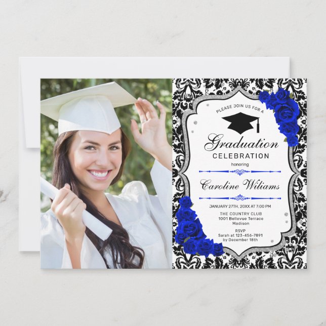 Invitación Fiesta de graduación con foto - Azul real plateado (Anverso)