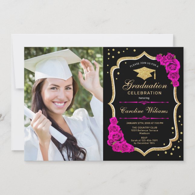 Invitación Fiesta de graduación con foto - Black Gold Hot Pin (Anverso)