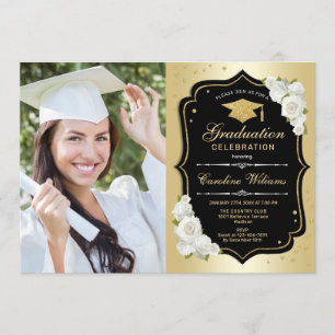 Invitación Fiesta de graduación con foto - Blanco negro dorad