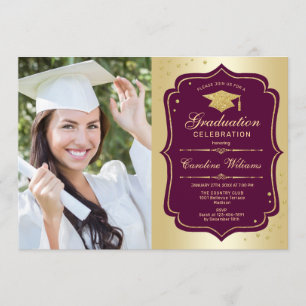Invitación Fiesta de graduación con foto - Borgoña dorada