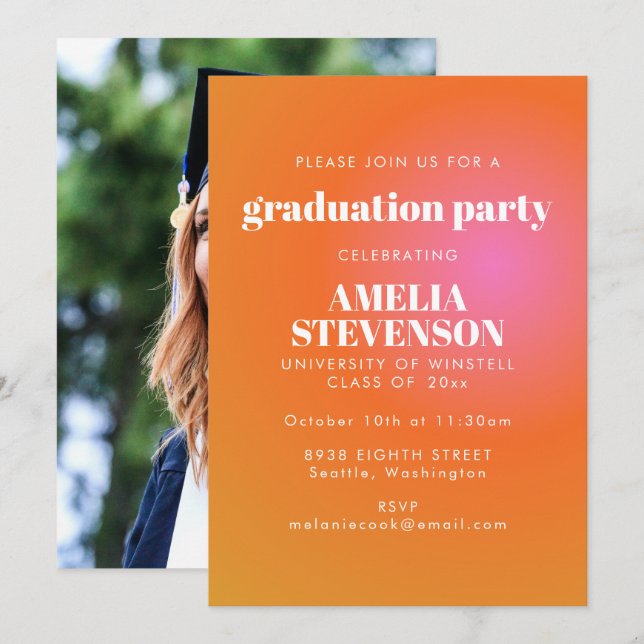 Invitación Fiesta de Graduación con Foto de Gradiente Naranja (Anverso / Reverso)