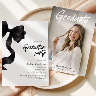 Invitación Fiesta de Graduación con Foto de Lazo Negro Elegan