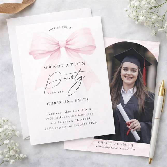 Invitación Fiesta de graduación con foto de lazo rosa (Subido por el creador)
