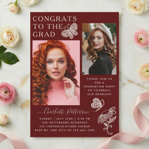 Invitación Fiesta de Graduación con Foto de Mariposa Burgundy