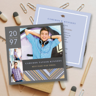 Invitación Fiesta de Graduación con Foto de Rayas Azules Eleg