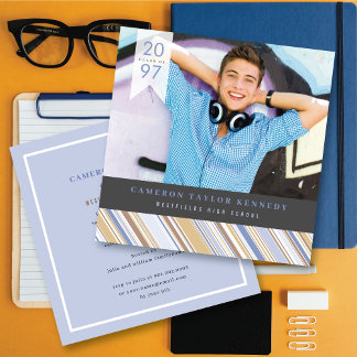 Invitación Fiesta de Graduación con Foto de Rayas Azules Eleg
