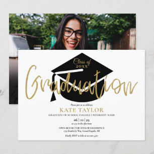 Invitación Fiesta de Graduación con Foto Dorada y Letra Moder