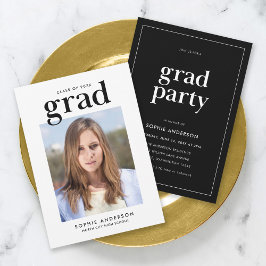 Invitación Fiesta de Graduación con Foto en Serif Blanco y Ne