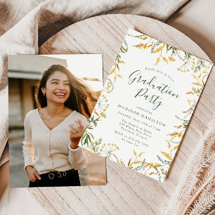 Invitación Fiesta de Graduación con Foto Floral Amarillo Eleg