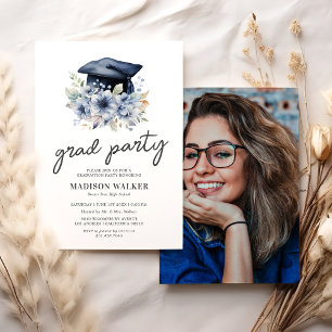 Invitación Fiesta de Graduación con Foto Floral Azul Elegante
