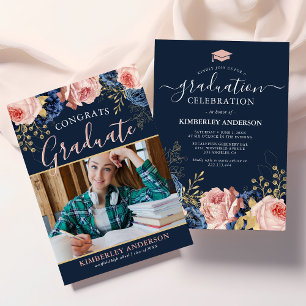 Invitación Fiesta de Graduación con Foto Floral Elegante
