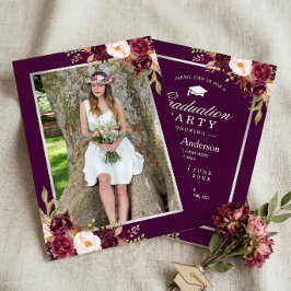 Invitación Fiesta de Graduación con Foto Floral Roja Púrpura 