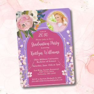 Invitación Fiesta de Graduación con Foto Floral Rosa Acuarela