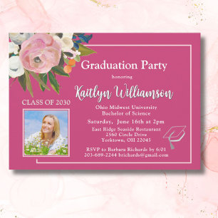 Invitación Fiesta de Graduación con Foto Floral Rosa Acuarela