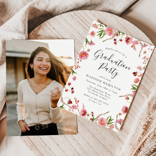 Invitación Fiesta de Graduación con Foto Floral Rosa Elegante