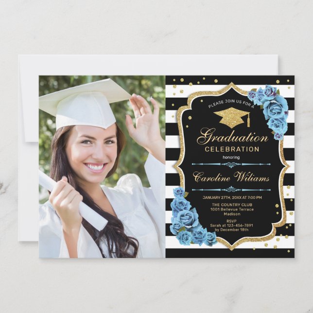 Invitación Fiesta de graduación con foto - Flores azules de o (Anverso)
