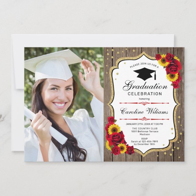 Invitación Fiesta de graduación con foto - Flores Rústicas (Anverso)