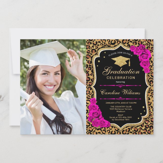 Invitación Fiesta de graduación con foto - Impresión de leopa (Anverso)