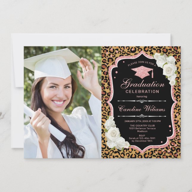 Invitación Fiesta de graduación con foto - Leopard Rosa Gold (Anverso)