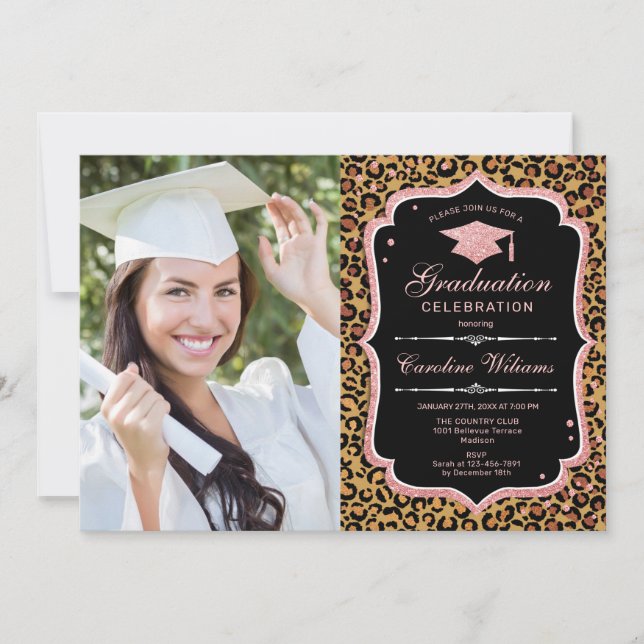 Invitación Fiesta de graduación con foto - Leopardo de oro Ro (Anverso)