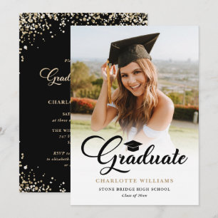 Invitación Fiesta de Graduación con Foto Moderna en Oro Negro