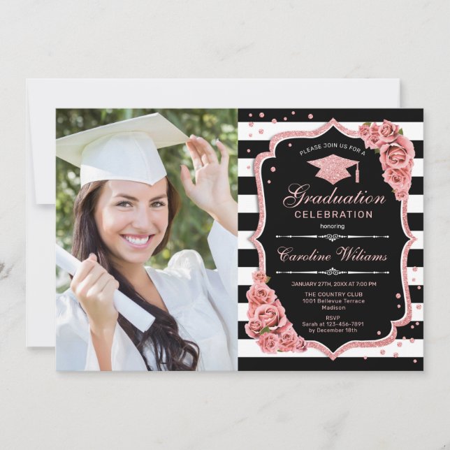 Invitación Fiesta de graduación con foto - Negro de oro Rosa (Anverso)