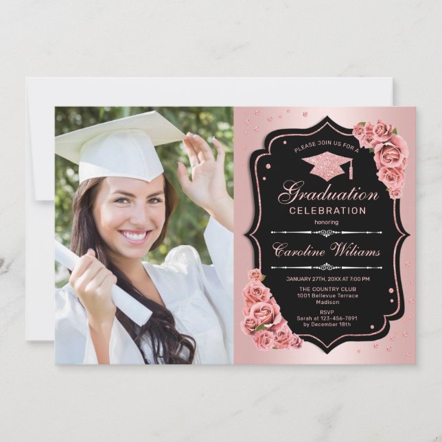 Invitación Fiesta de graduación con foto - Negro de oro Rosa (Anverso)