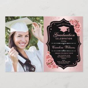 Invitación Fiesta de graduación con foto - Negro de oro Rosa