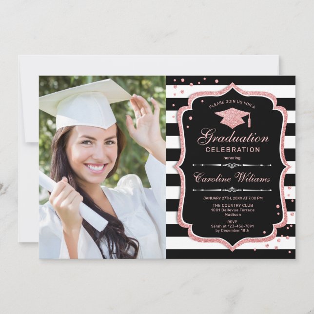Invitación Fiesta de graduación con foto - Negro de oro Rosa (Anverso)