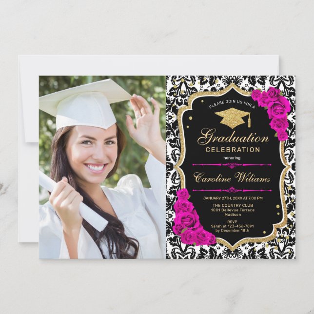 Invitación Fiesta de graduación con foto - Negro de oro rosad (Anverso)