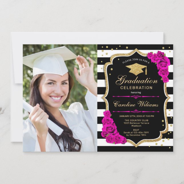 Invitación Fiesta de graduación con foto - Negro de oro rosad (Anverso)