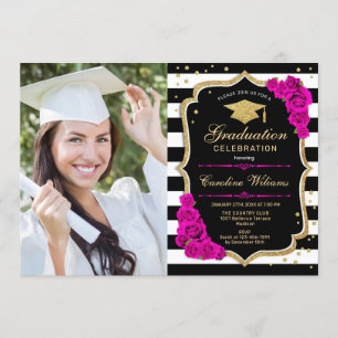 Invitación Fiesta de graduación con foto - Negro de oro rosad