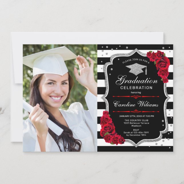 Invitación Fiesta de graduación con foto - Negro de plata roj (Anverso)