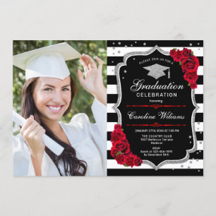 Invitación Fiesta de graduación con foto - Negro de plata roj