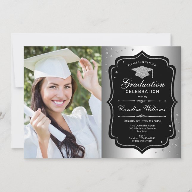 Invitación Fiesta de graduación con foto - negro plateado (Anverso)