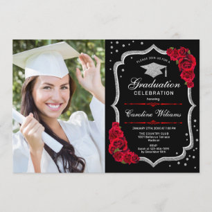 Invitación Fiesta de graduación con foto - Negro plateado roj