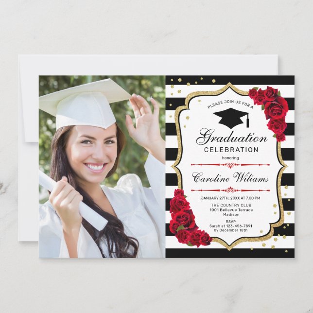 Invitación Fiesta de graduación con foto - Negro rojo dorado (Anverso)